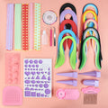 Art beginner paper craft kit with eight gradient paper strip packs, white template, tools and storage box on a table