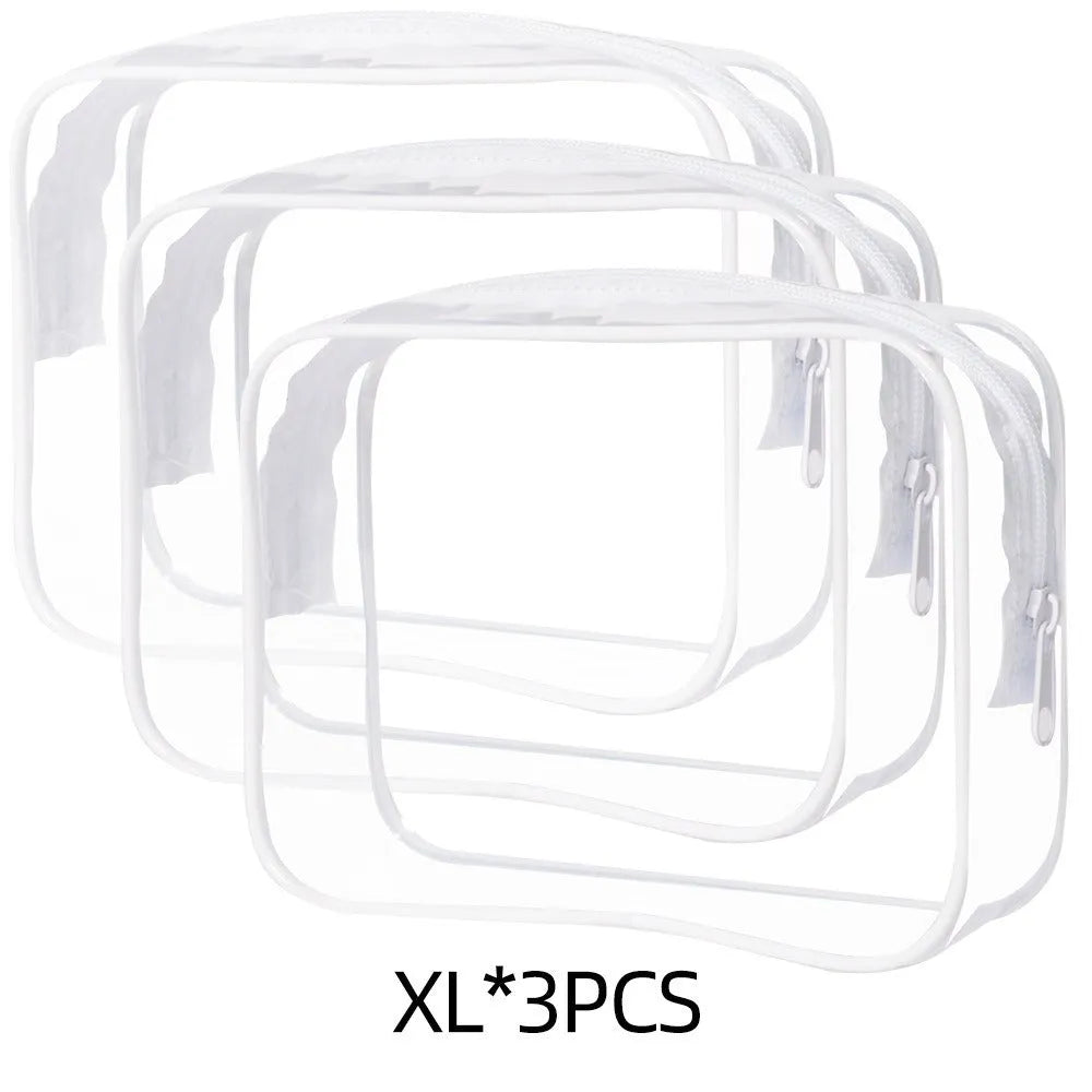 PVC transparent makeup bag set in three colours with semi-transparent design showing contents