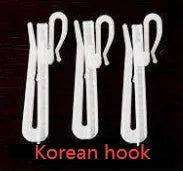 Single blackout curtain panel showing hanging options of hooks, Korean hooks, and rings with size range from 100cm to 400cm wide