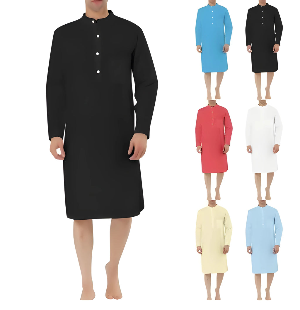 Man wearing a light blue cotton shirt robe with front pockets, showing the full-length opening and relaxed fit.