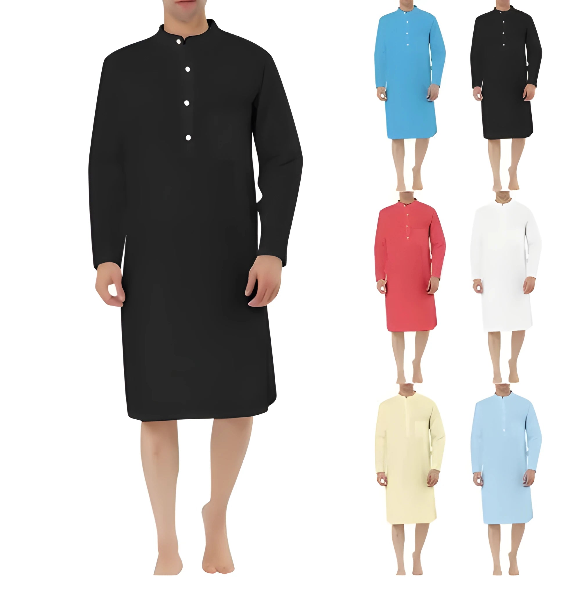 Man wearing a light blue cotton shirt robe with front pockets, showing the full-length opening and relaxed fit.