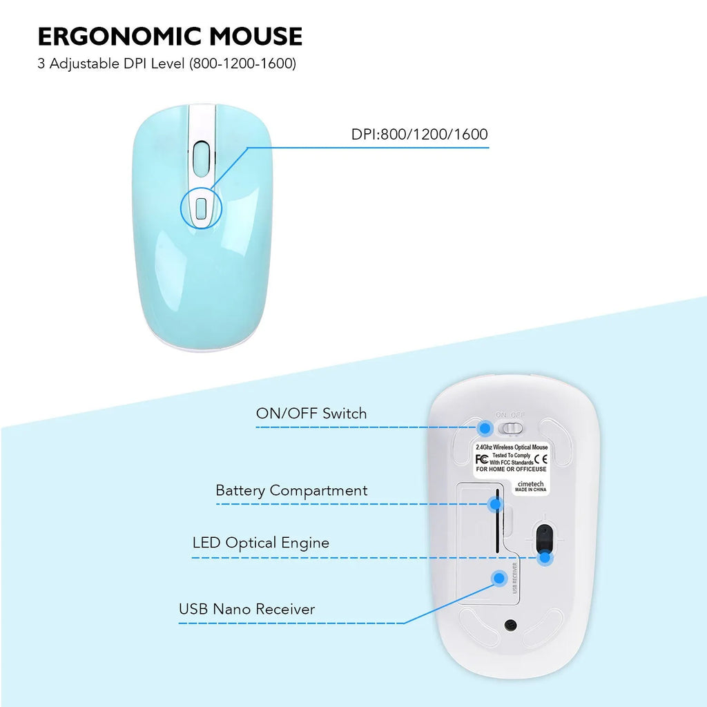 Fashion wireless keyboard and mouse set in blue, full-size with numeric keypad and 2.4G nano receiver