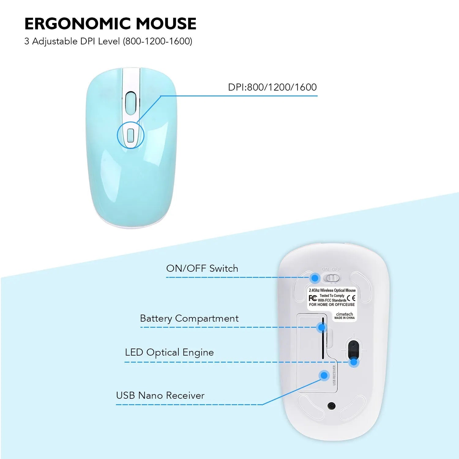 Fashion wireless keyboard and mouse set in blue, full-size with numeric keypad and 2.4G nano receiver