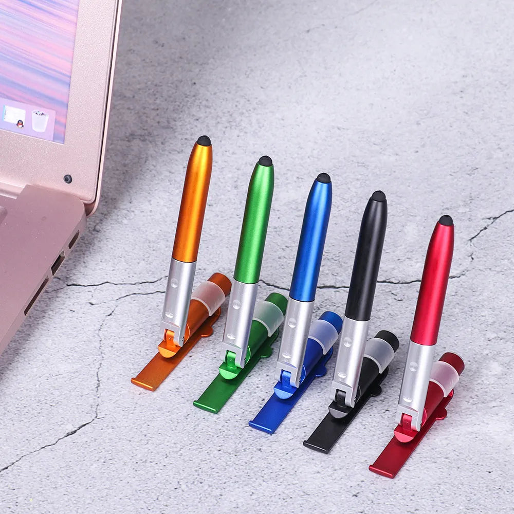 4-in-1 folding light pen mobile phone holder showing pen, phone stand, and LED light functions