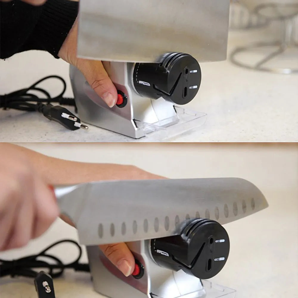 Silver electric knife sharpener with ABS body and gold accents, size 19 x 16.6 x 6.3cm