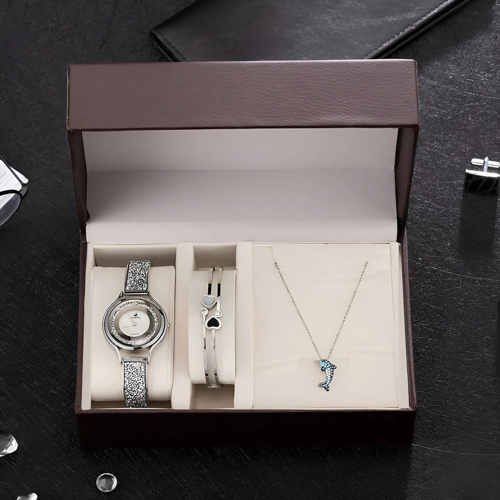 Ladies' quartz watch, 25mm round dial, alloy strap and case, Gold or Rose Gold, with bracelet, necklace and watch box