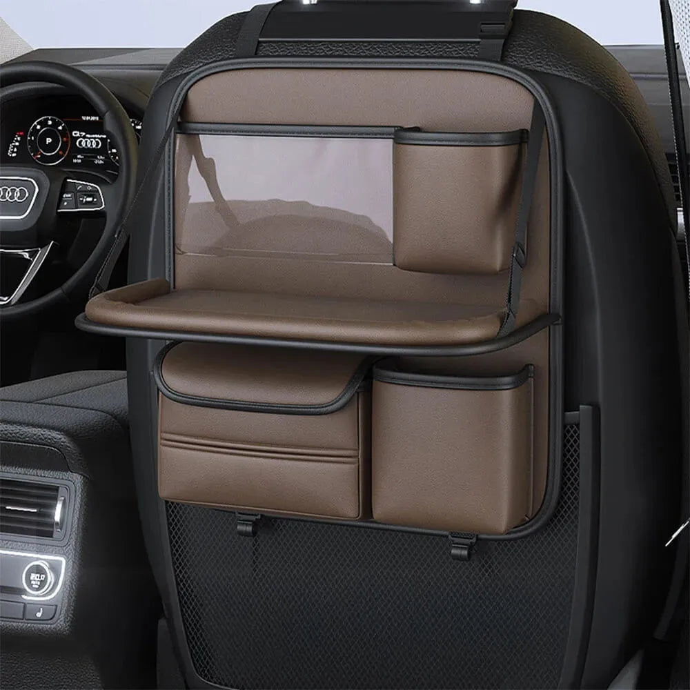 Leather car seat storage bag with foldable dining table in multiple colour options