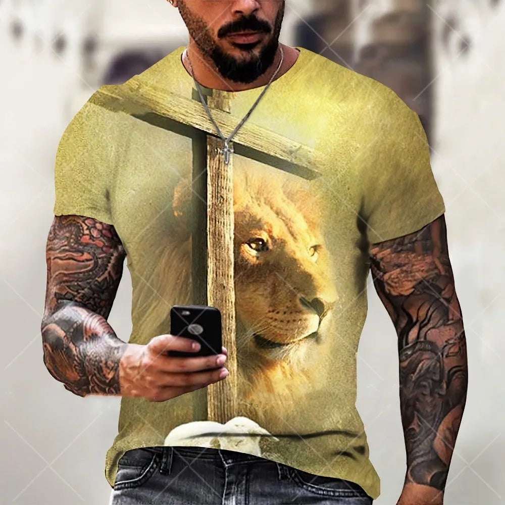 Men's grey T-shirt with a 3D printed Jesus pattern on the chest, short sleeves.