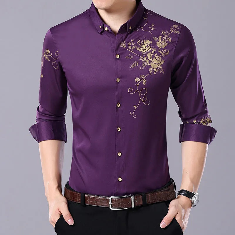 Men's rose flower print long sleeve slim fit cardigan shirt with lapel collar in white, black, red, light blue, dark blue, and brown