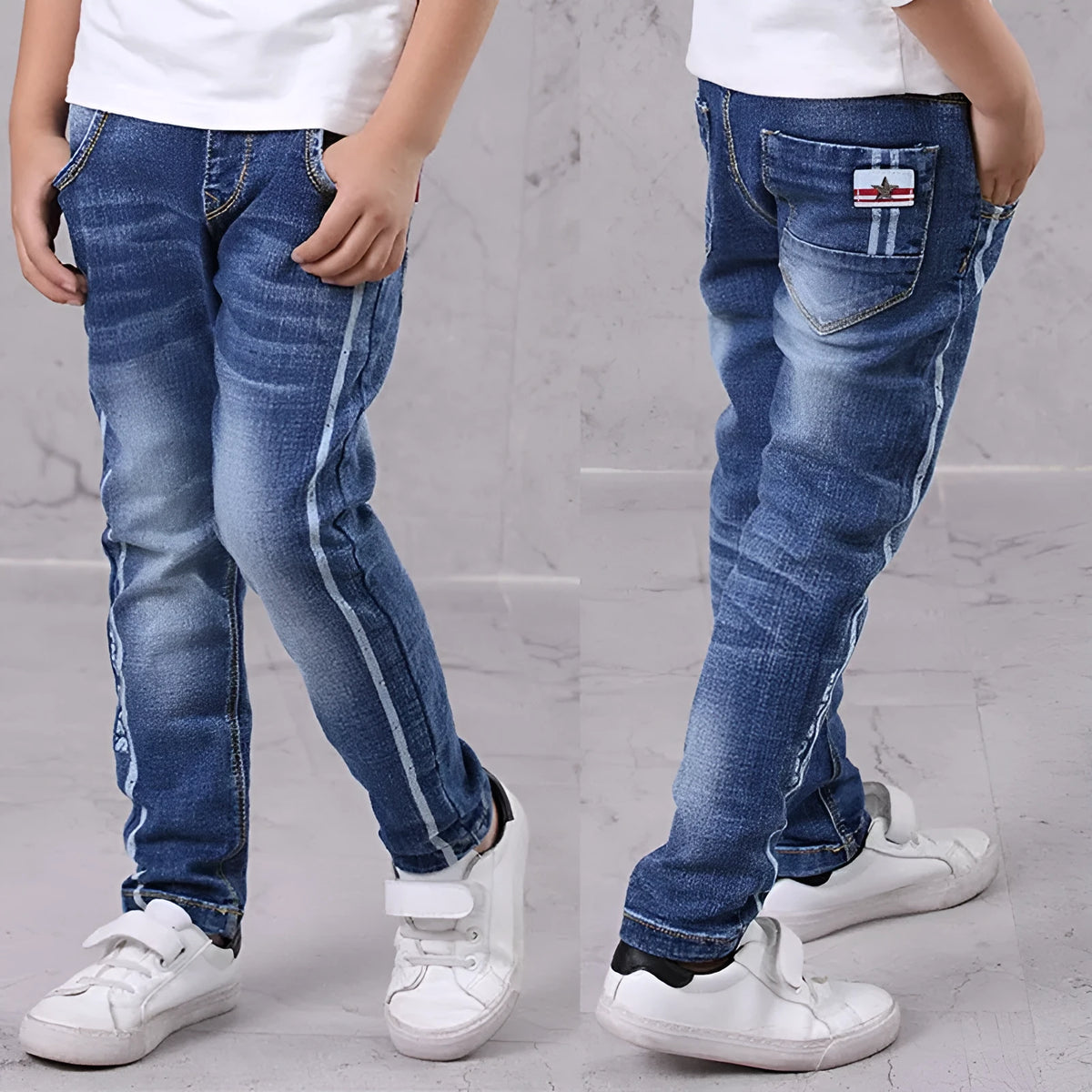 Boys casual jeans dark blue cotton straight leg trousers Asian size 110-170cm