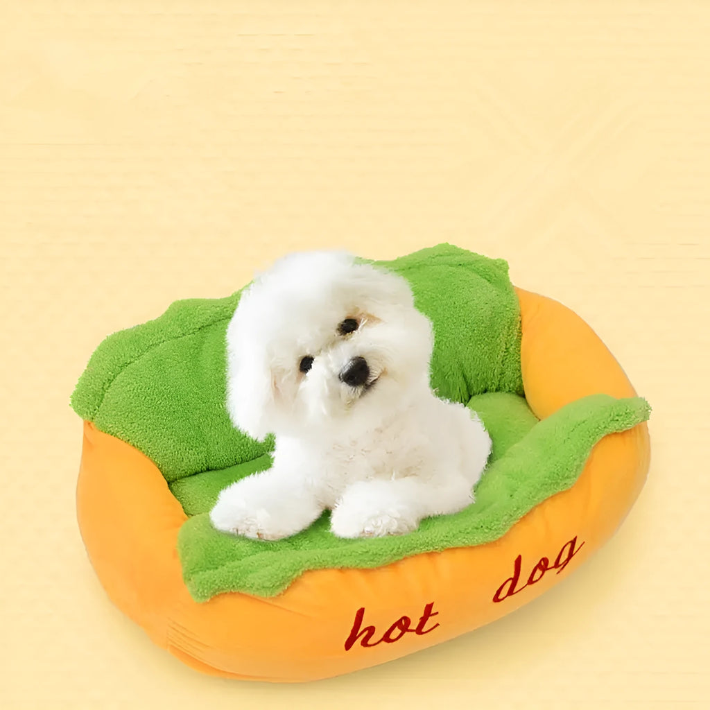 Hot dog shape pet kennel bed with PP cotton filling, short plush surface, removable washable cushion and non-slip bottom