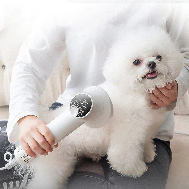 Powerful pet hair dryer with dual heat and speed settings for efficient and gentle grooming of dogs and cats