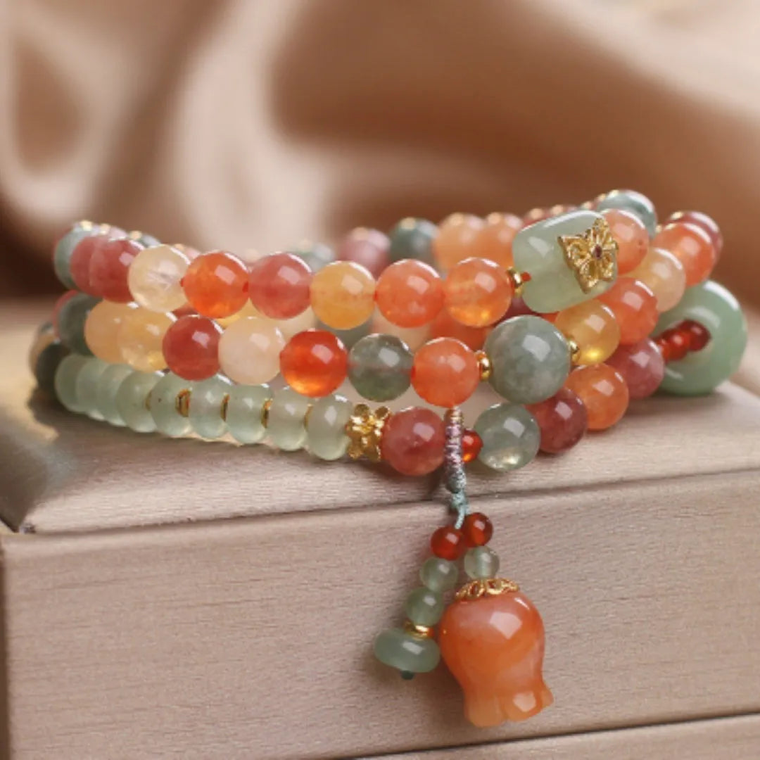 Natural Xinjiang Jinsi Jade multi-circle bracelet with round beads and flower-shaped lily pendant for women