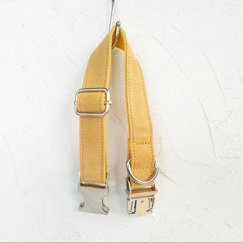 MUTTCO adjustable dog collar in polyester, yellow velvet finish, with buckle and size adjustment holes.