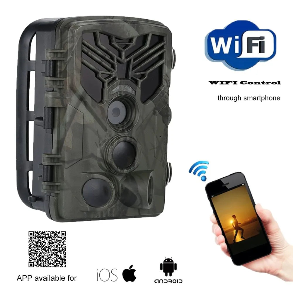 Wifi830 trail camera with camouflage finish, showing lens, IR LEDs, and mounting strap.
