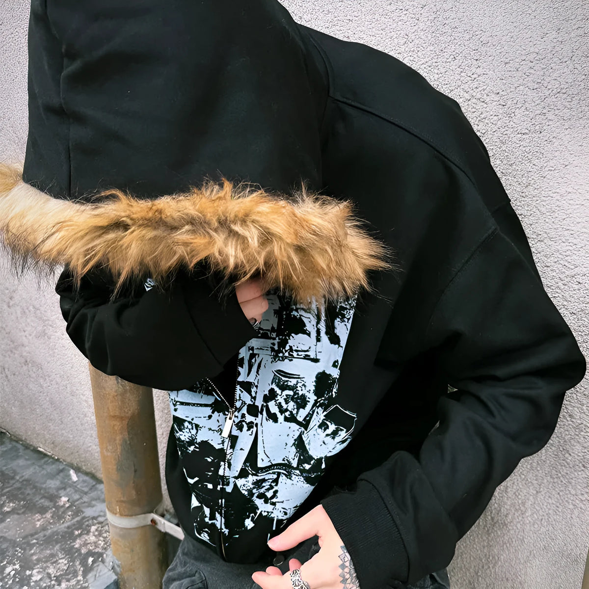 Men's printed long fur collar hood zipper cardigan sweater coat in black, white and grey, slim fit, sizes S to XXXL