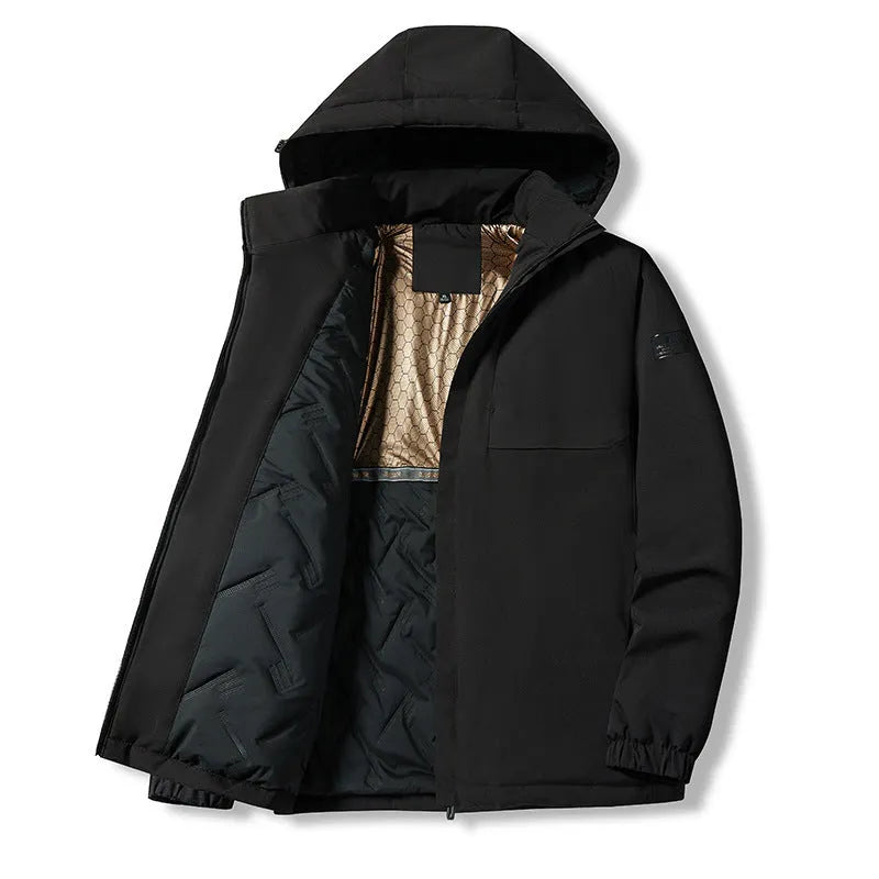 Outdoor waterproof jacket in camel colour with temperature sensing technology for autumn and winter wear