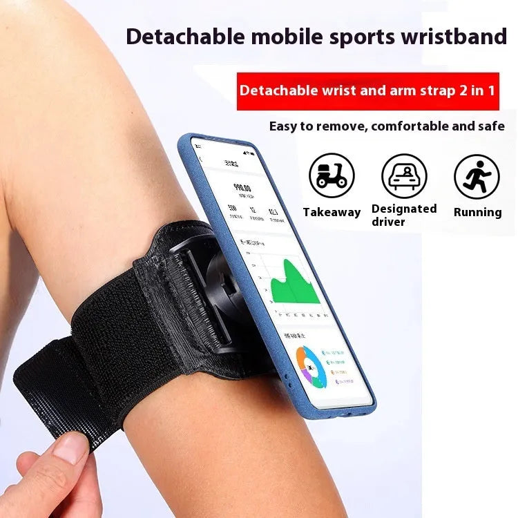 Black mobile phone arm bag with adjustable wrist strap holding smartphone for delivery riding or running