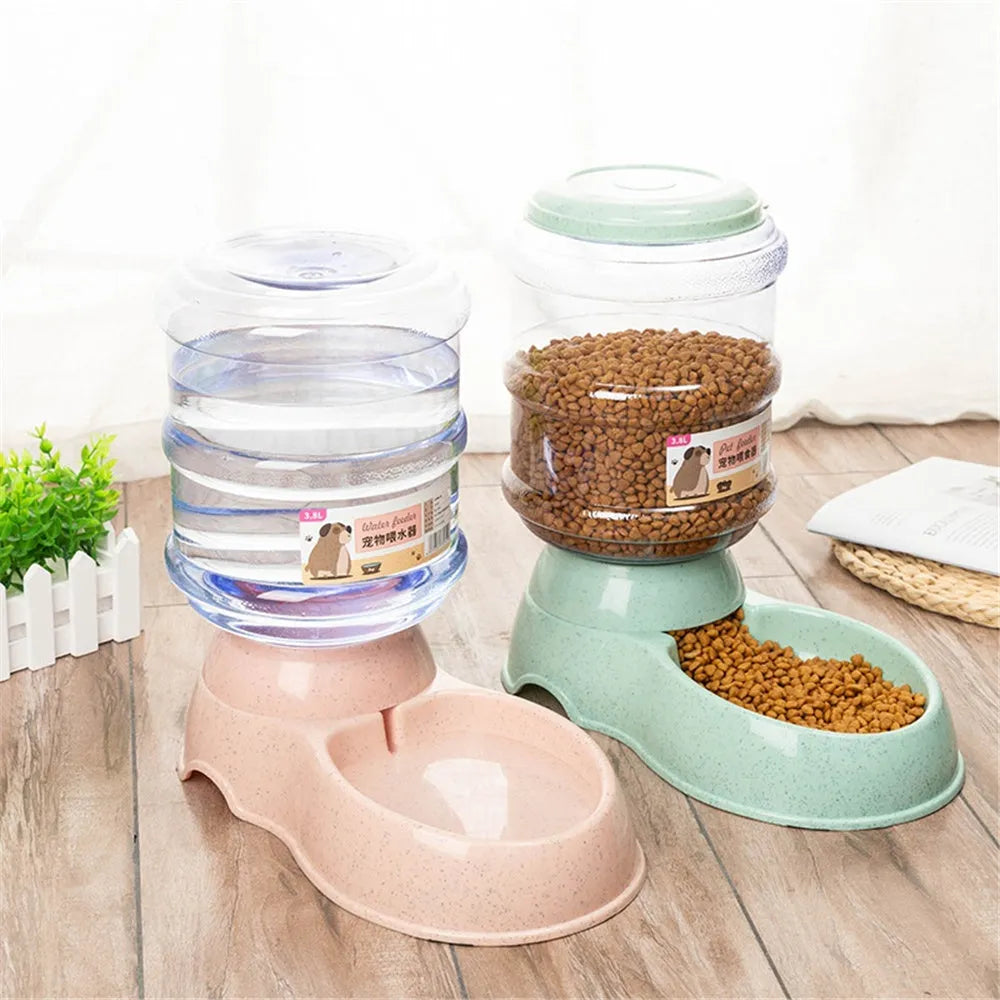 Plastic automatic pet feeder and drinker set with feeding trough and drinking trough in grey, blue, green, or pink