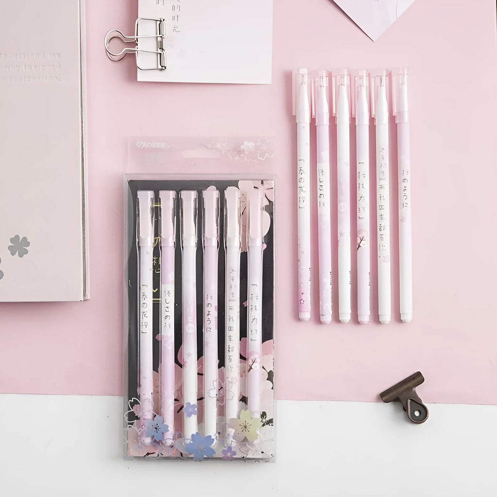 Six Creative Sakura gel pens with black 0.5mm refills and pull-out mechanism