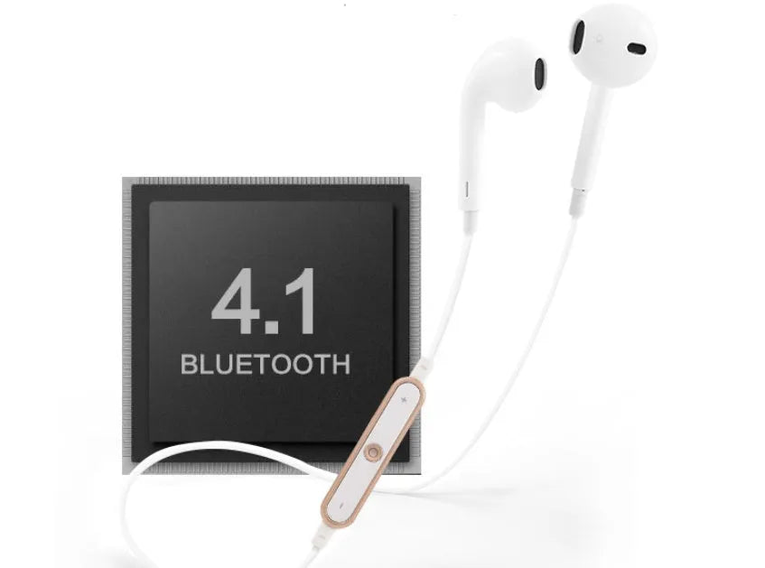 S6 wireless Bluetooth headset for iPhone in Black, White, Champagne Gold, or Silver colour options.