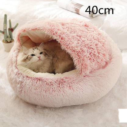 A soft, plush pet bed in various colors, including olive green, brown, pink, and grey, designed for the comfort and relaxation of cats and dogs.