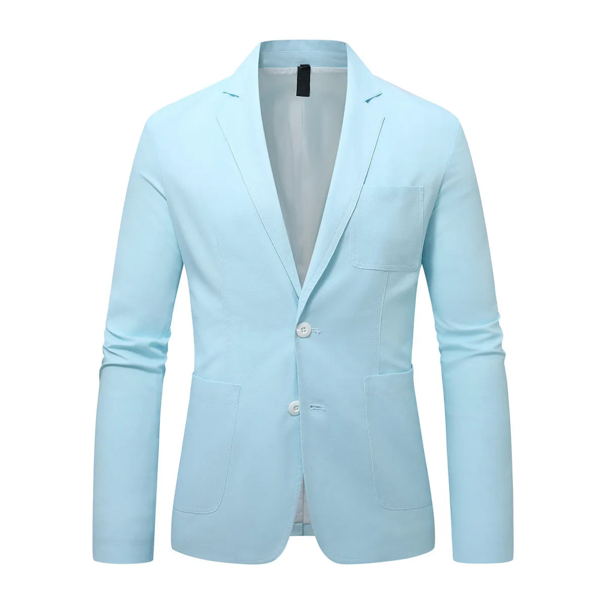 Men's Korean slim fit blazer in solid colour cotton blend with patch pockets, front view, available in white, light blue, khaki, sizes S to 3XL