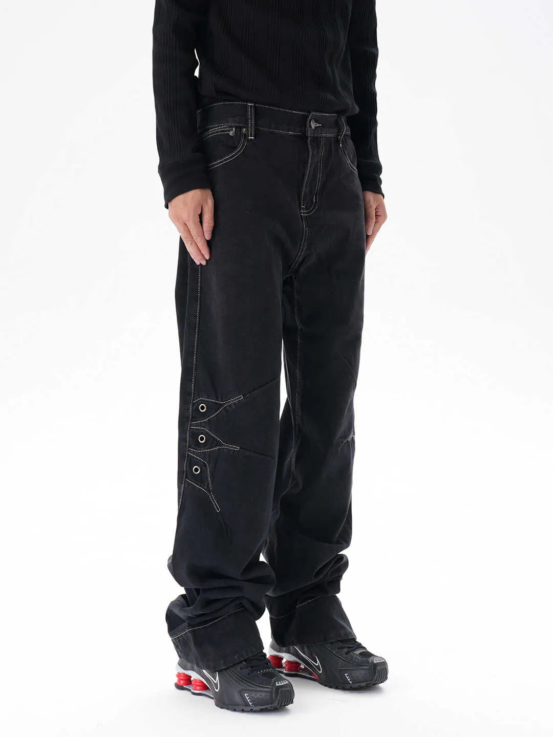 Black contrast colour loose machete denim jeans for men, wide leg trousers with zipper fly