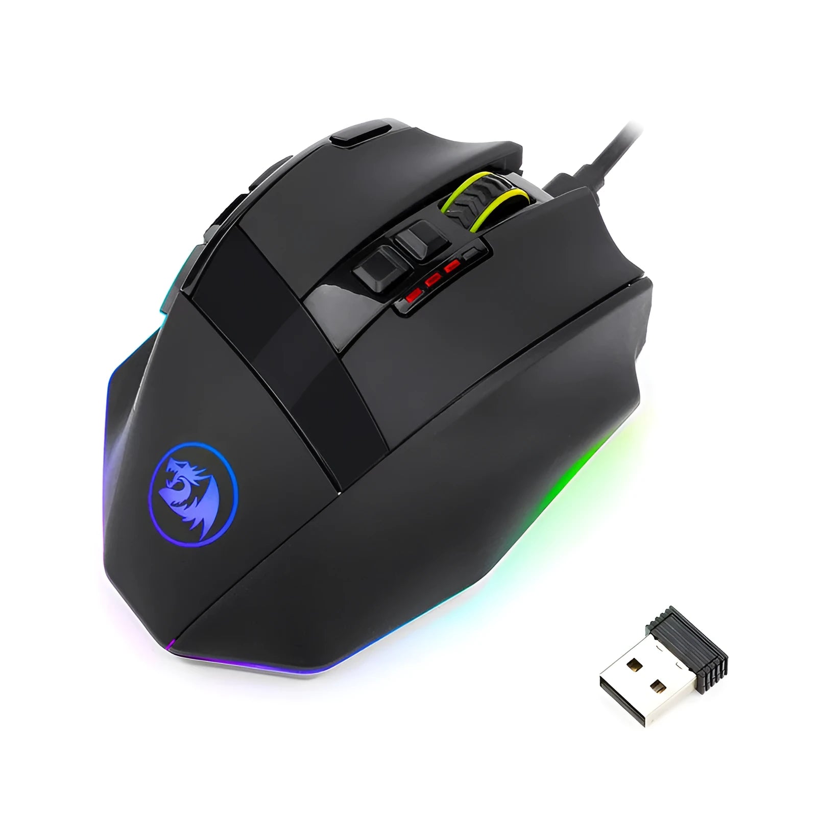 Redragon M801P black wireless gaming mouse with ergonomic design and nine buttons