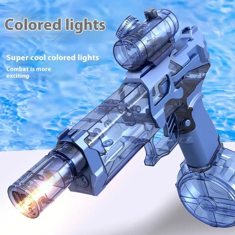 Electric water pistol with light effects showing automatic water feeding system