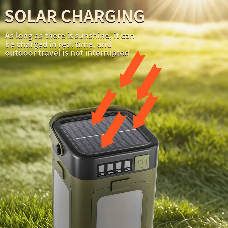 Solar camping light with four-leaf folding belt, press switch, 12 x 7 x 7 cm size and built-in 2000 mAh 18650 battery