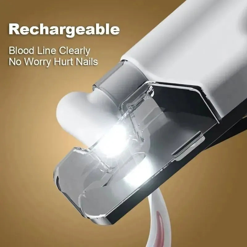 Rechargeable LED pet nail clippers with precision blades for dogs and cats, shown in blue or white
