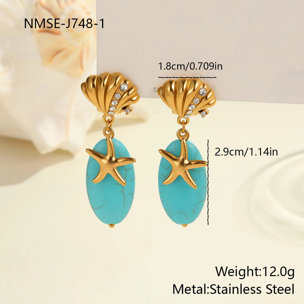Natural stone turquoise earrings with stainless steel eardrop, 18K electroplated star and geometric shapes