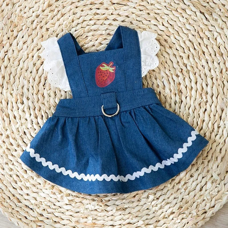 Bondi Blue denim-style dog skirt with a red strawberry appliqué on the front.