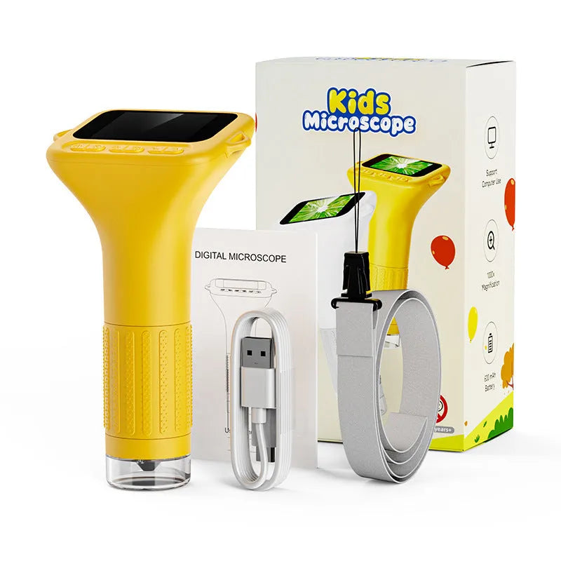 Portable children's digital HD microscope with 100x magnification and manual focusing in white and orange colour options