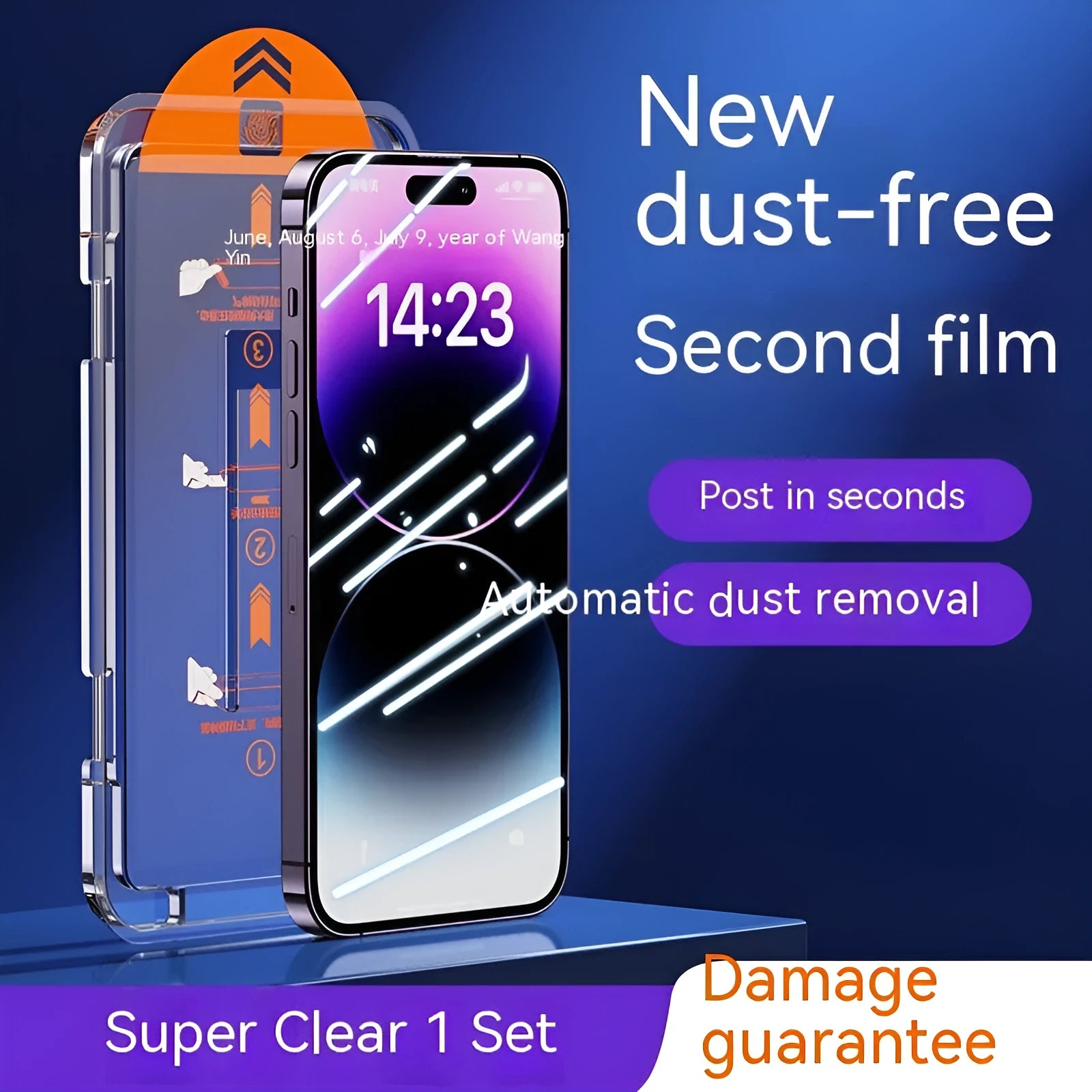 Two-pack iPhone tempered glass screen protector showing HD and privacy peep-proof options with dustproof net.