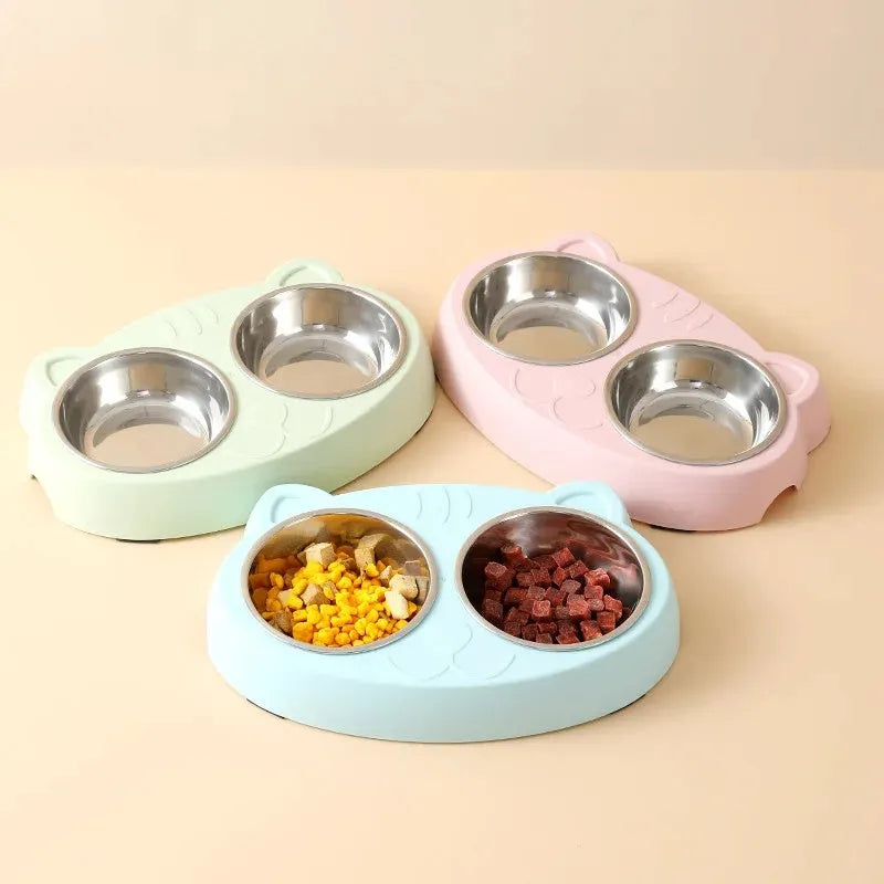 Blue plastic pet feeder tray with two bowls for cat or dog food and water