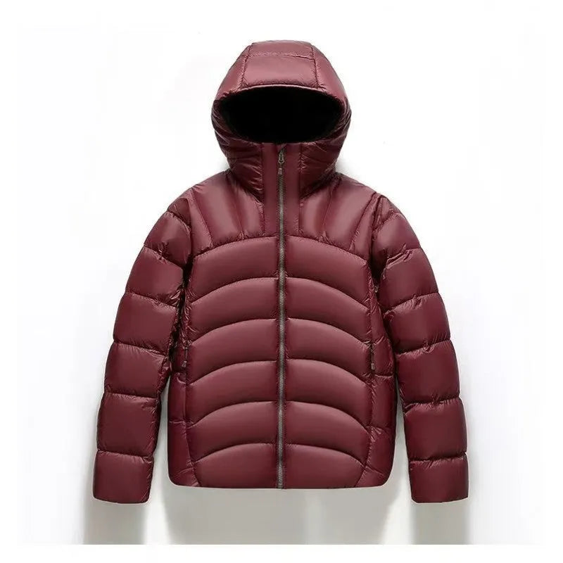 Unisex hooded down jacket in solid colour with 86-90% down fill, shown in five colour options and sizes S to 4XL