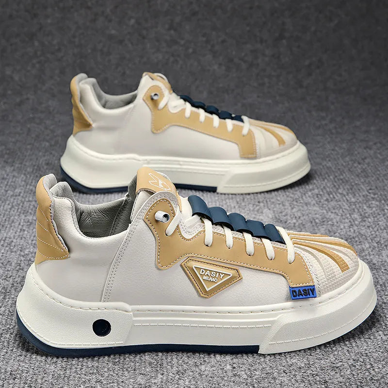 Men's beige low-top sneakers with elastic band closure and leather stitching detail on microfiber upper