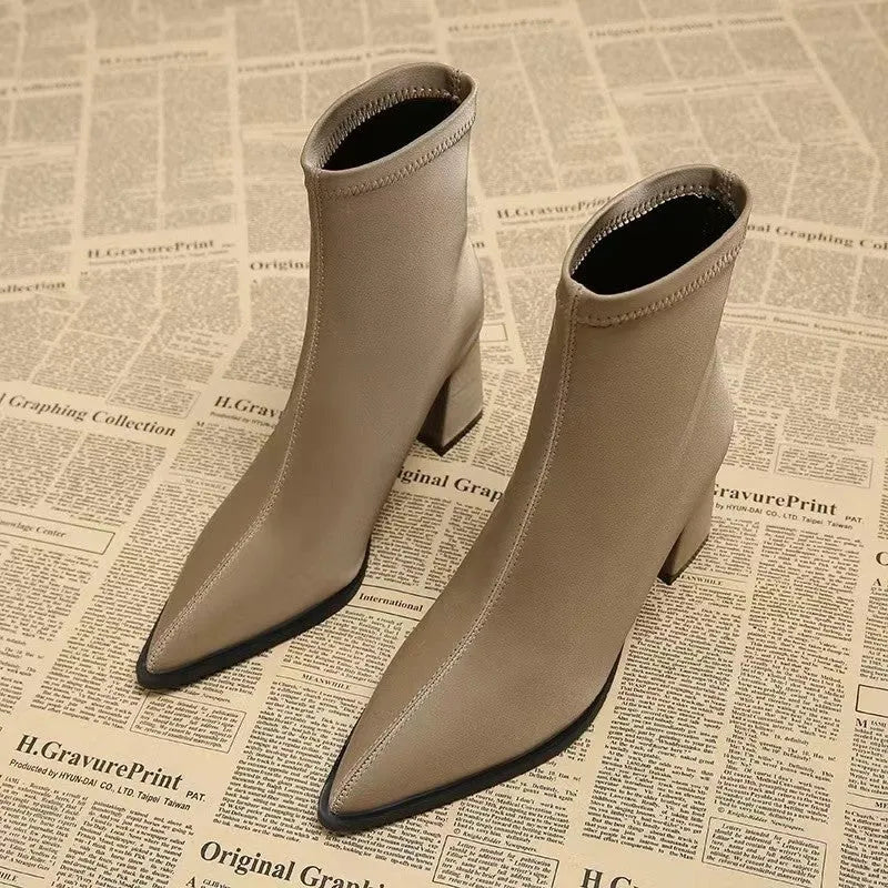 Women's khaki stretch suede pointed Martin boots with wedge heel on rubber sole