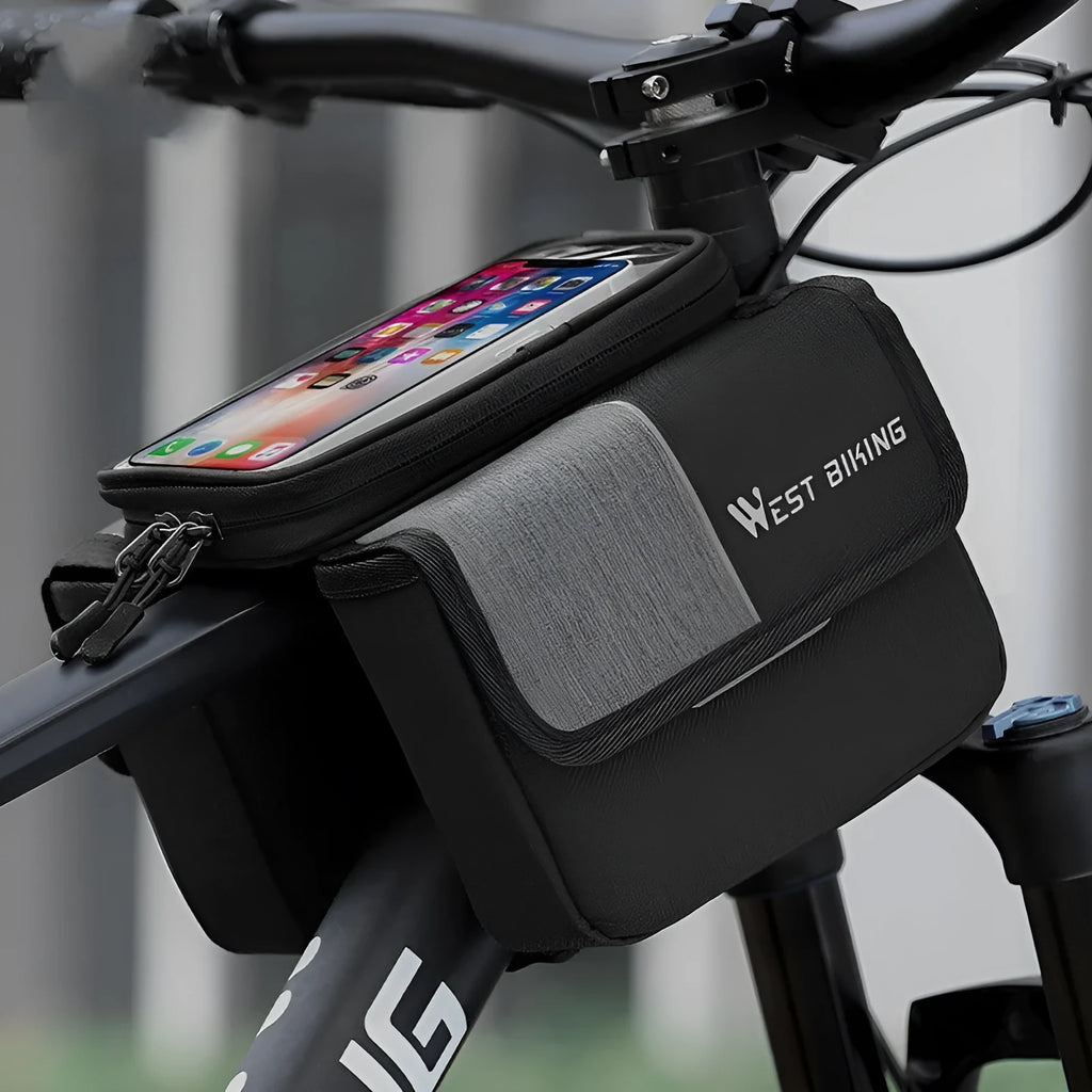 Black and grey Oxford cloth bilateral tube saddle bag with 2L capacity mounted on bike