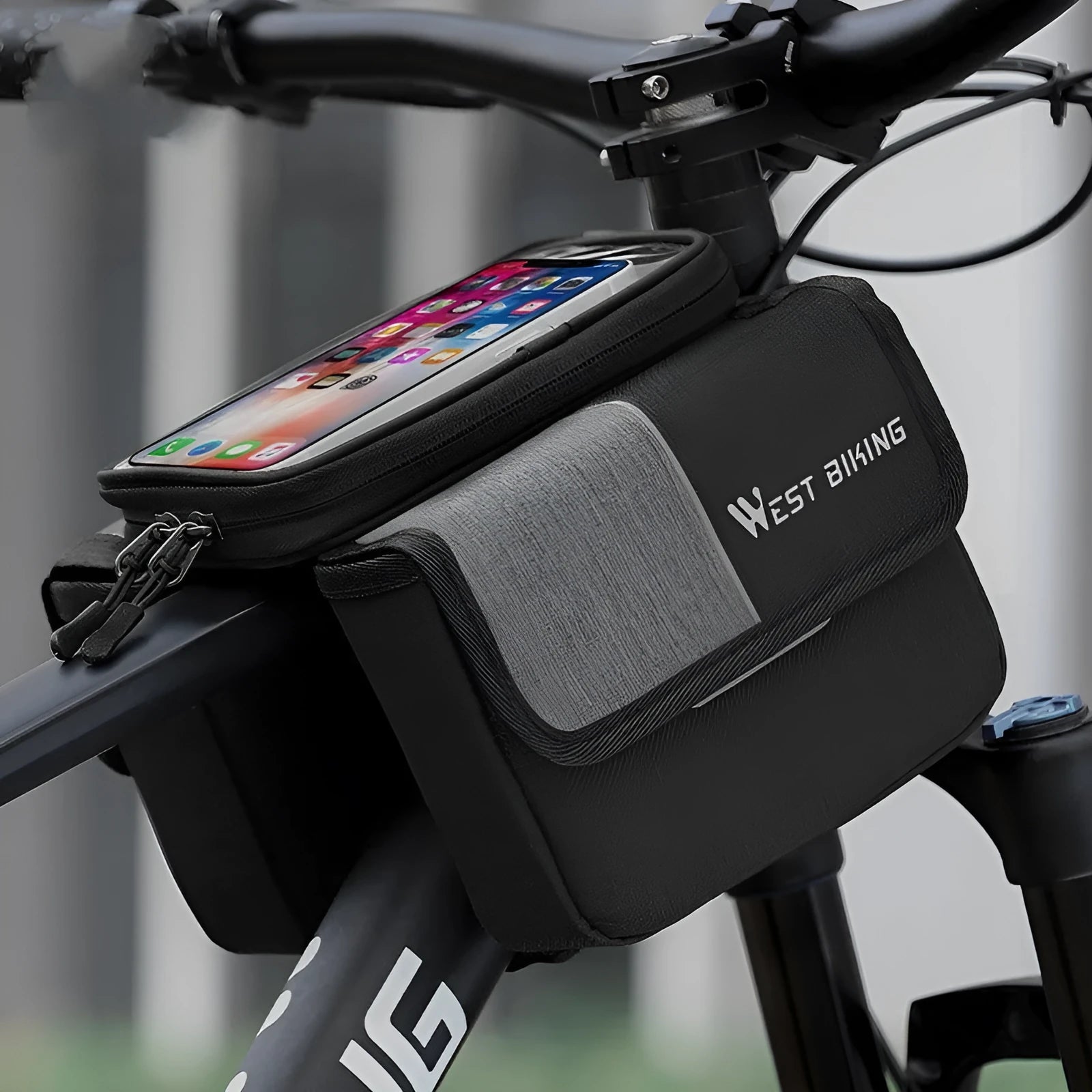 Black and grey Oxford cloth bilateral tube saddle bag with 2L capacity mounted on bike