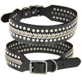 A large leather dog collar with metal rivets, shown in a choice of colours including dark red, gold, and silver.