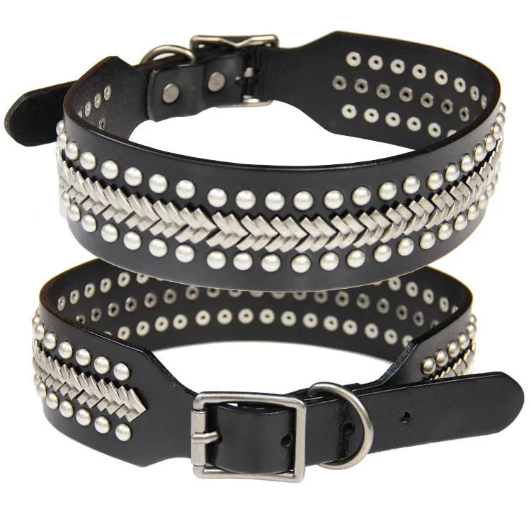 A large leather dog collar with metal rivets, shown in a choice of colours including dark red, gold, and silver.