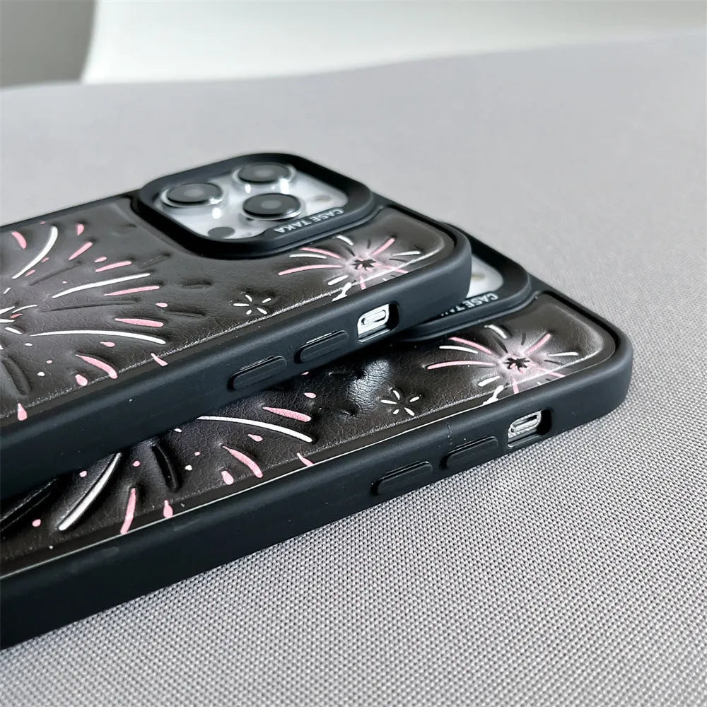 Leather embossed TPU phone case for iPhone with colourful fireworks design