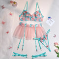 Pink women's embroidered mesh pettiskirt lingerie suit with matching bikini.