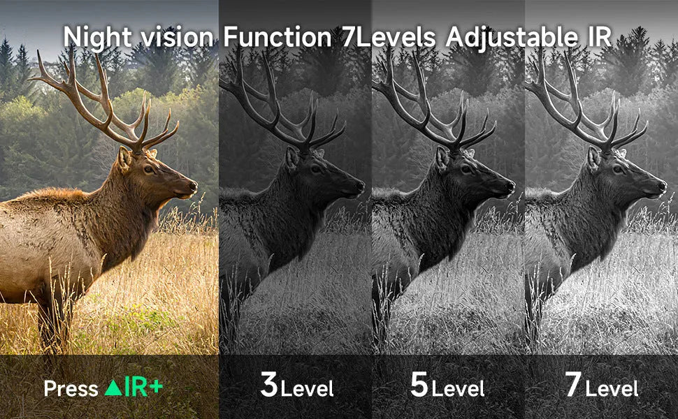 Black handheld night vision monocular with lens and screen, showing camouflage colour option.