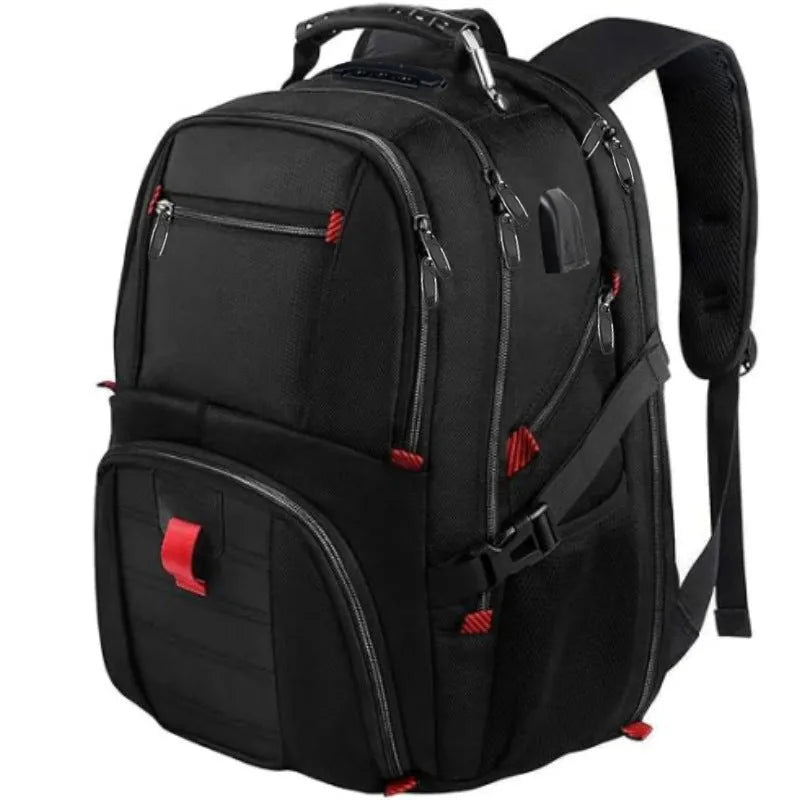 Large black USB backpack with curved shoulder straps, showing front compartment and charging port.