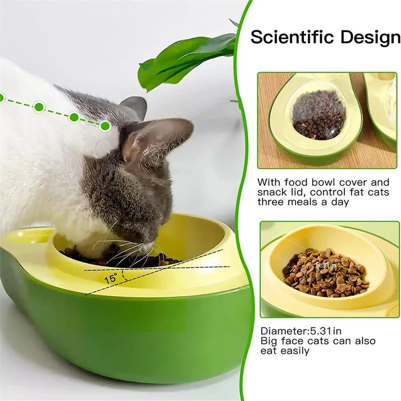 Green avocado-shaped pet feeder with automatic water bottle and separate food bowl