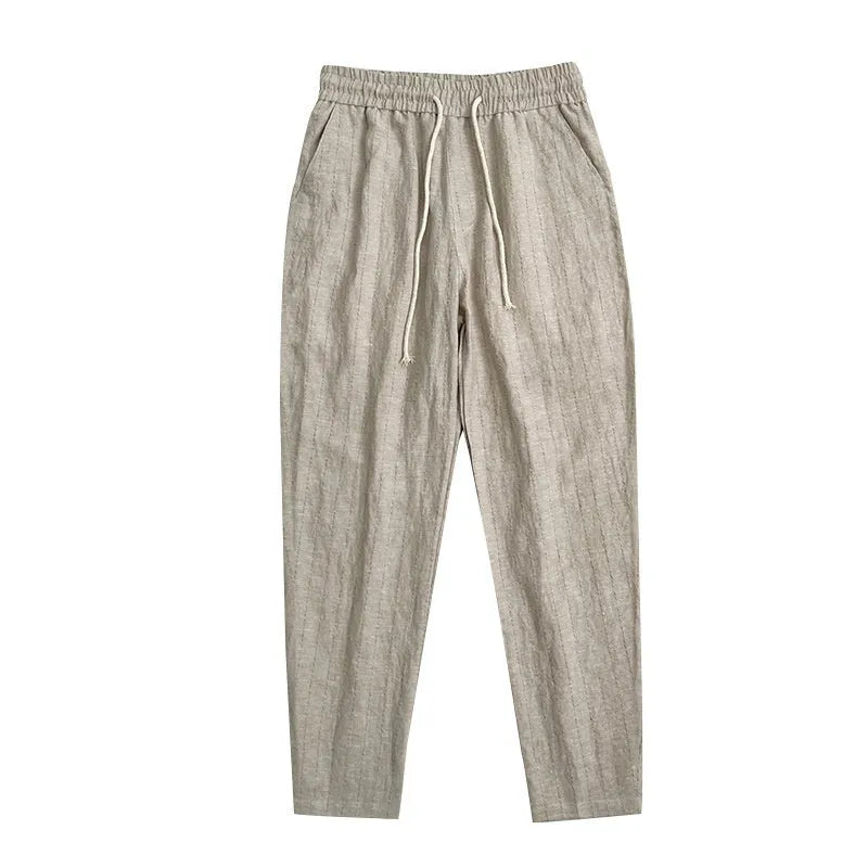 Men's striped linen summer trousers in cropped length with cotton-linen blend fabric